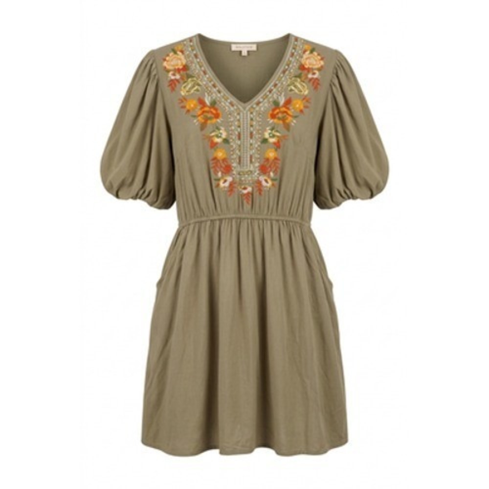 Solitaire Dress Women XL Green Embroidered Floral Puff Sleeve Boho Mini Pockets